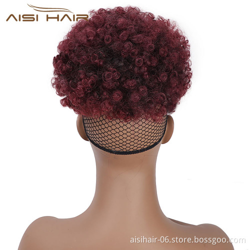 Aisi Hair New Design Kinky Curly Puff Red Color Hair Bun With Bangs Afro Short Curly Synthetic Hair Extension For Black Women